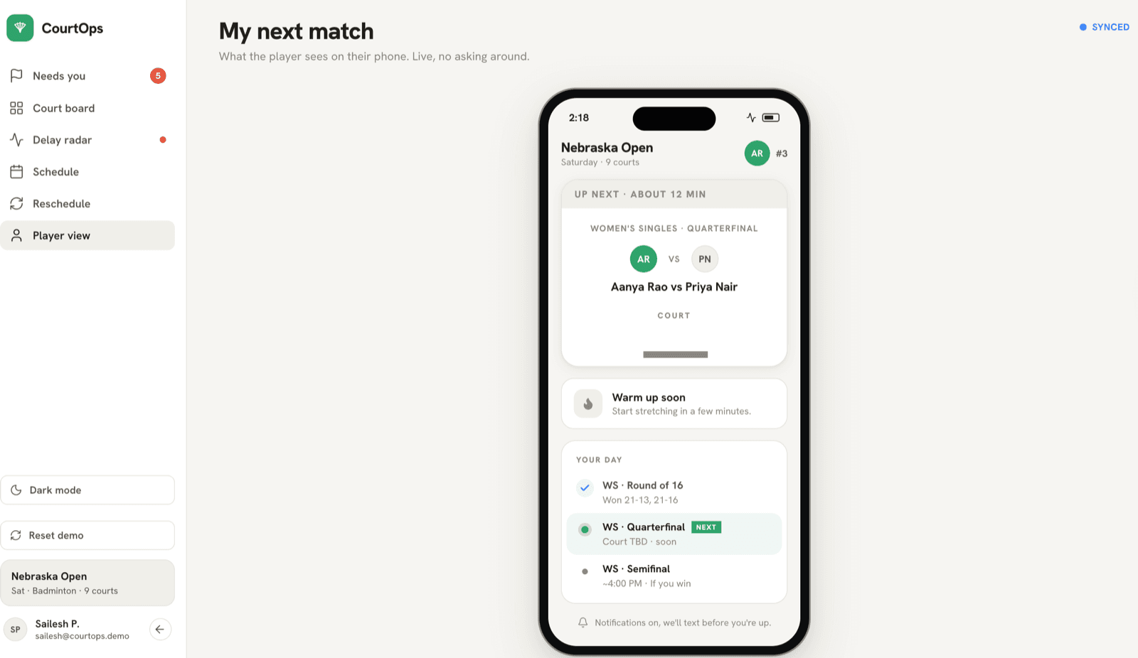 The player phone view shown in a phone mockup: 'My next match' with the upcoming match, court, and day schedule, no login required