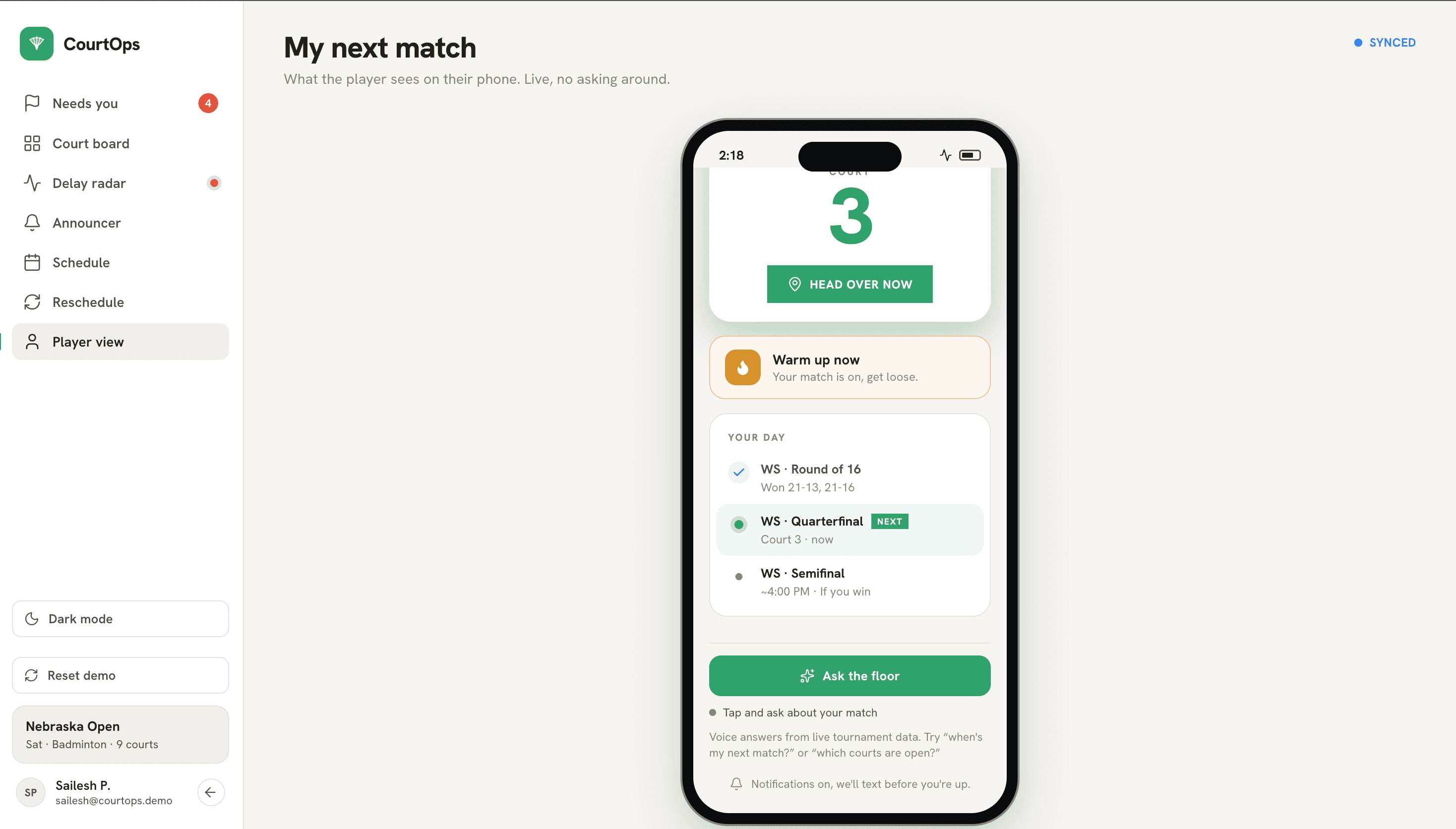 The player phone view: 'My next match' on Court 3, the day's matches, and a green 'Ask the floor' button with the hint 'Voice answers from live tournament data. Try when's my next match? or which courts are open?'