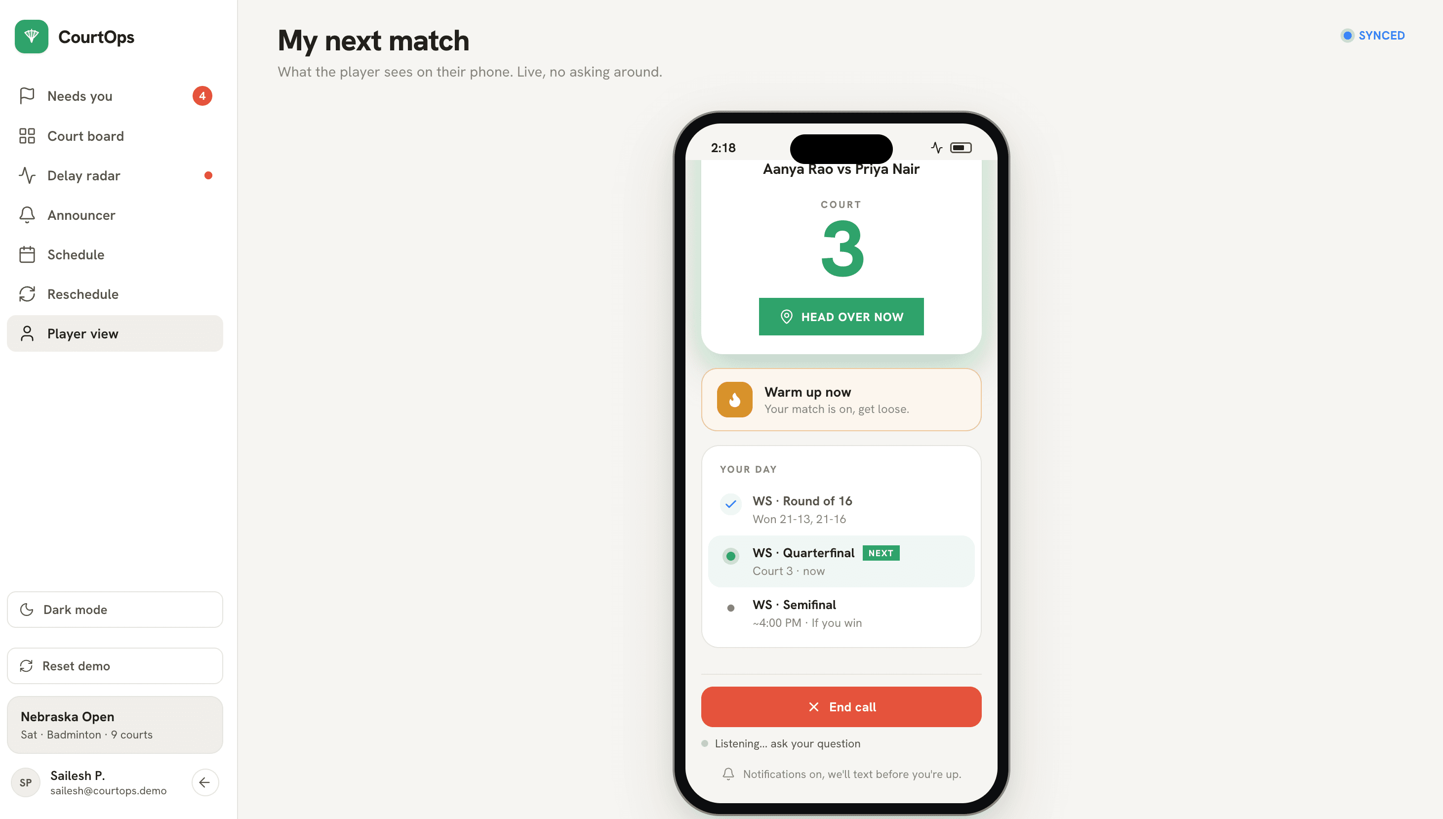 The same player phone mid-conversation: the button has become a red 'End call' and the status reads 'Listening... ask your question', with the match still shown as Court 3 Quarterfinal