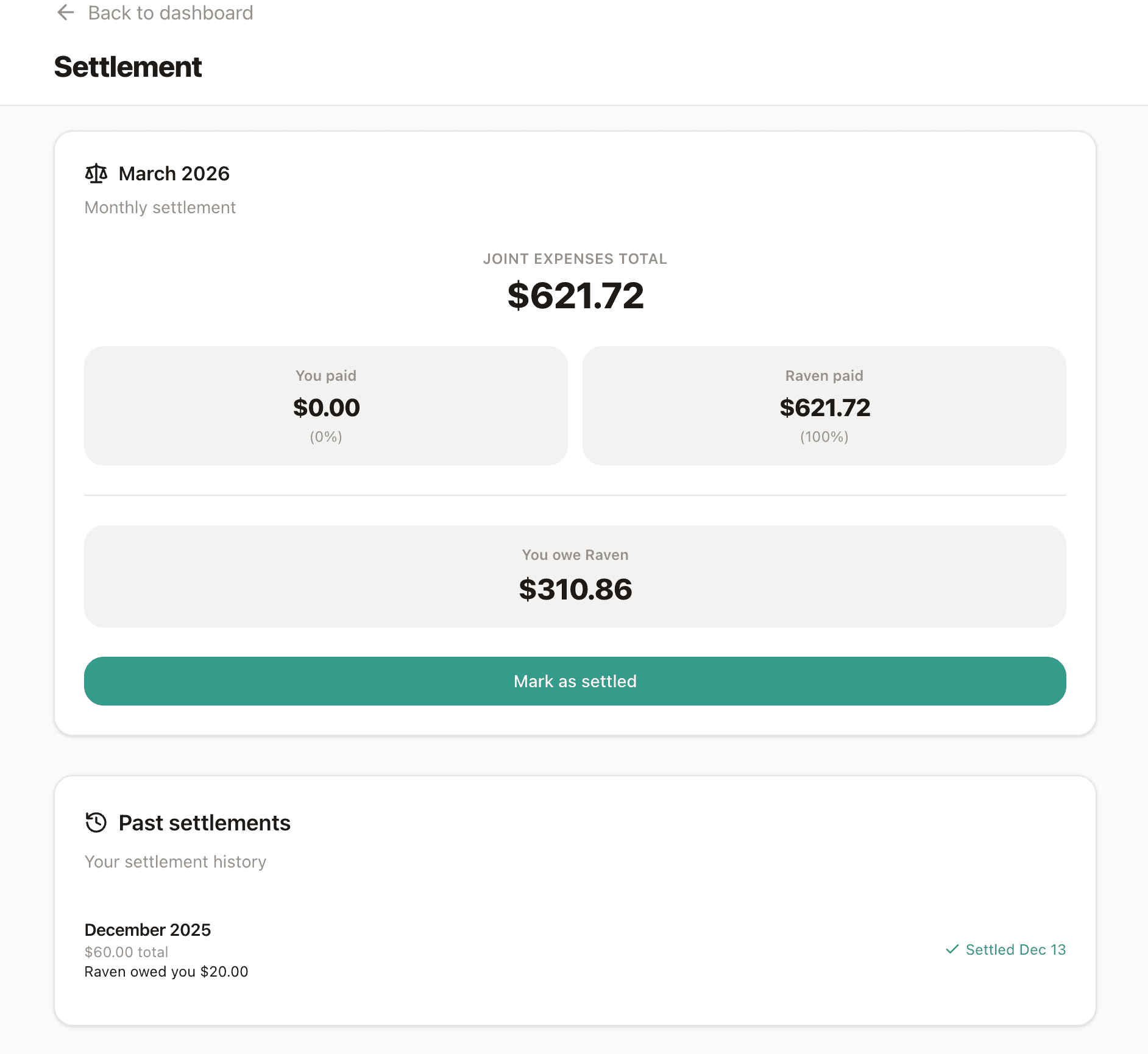 Settlement tab showing March 2026 joint expenses total, amounts owed, and settlement history