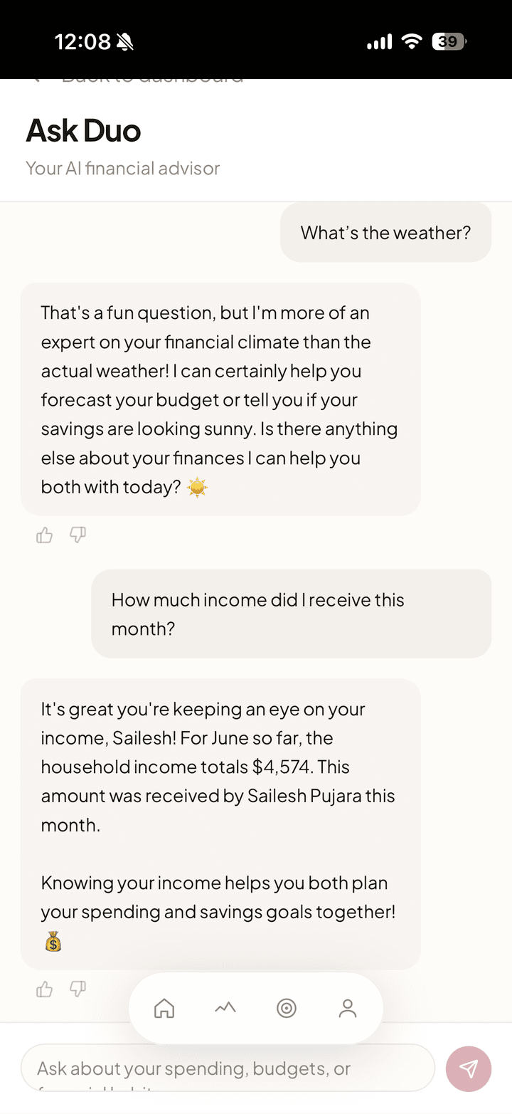 Ask Duo redirecting an off-topic 'What's the weather?' question back to the couple's finances