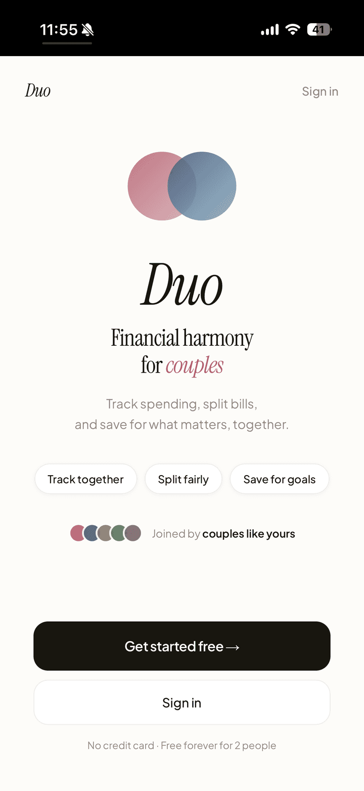 Duo landing screen: 'Financial harmony for couples' with track together, split fairly, save for goals