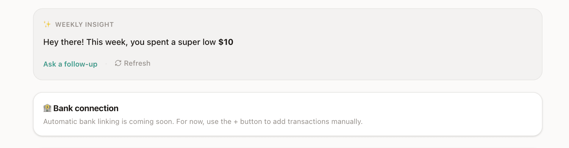 Weekly Money Digest card on dashboard showing AI-generated spending summary with category breakdown and actionable insight