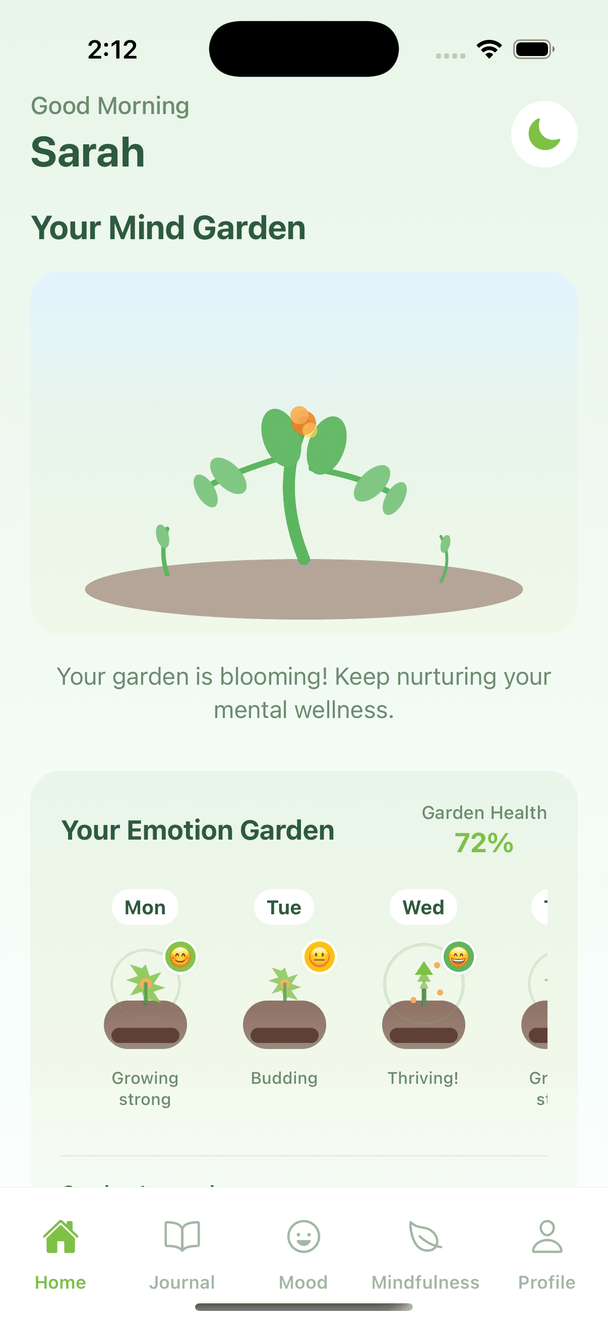 MindGarden home screen showing the Emotion Garden with growing plants, Garden Health score at 72%, and weekly garden view