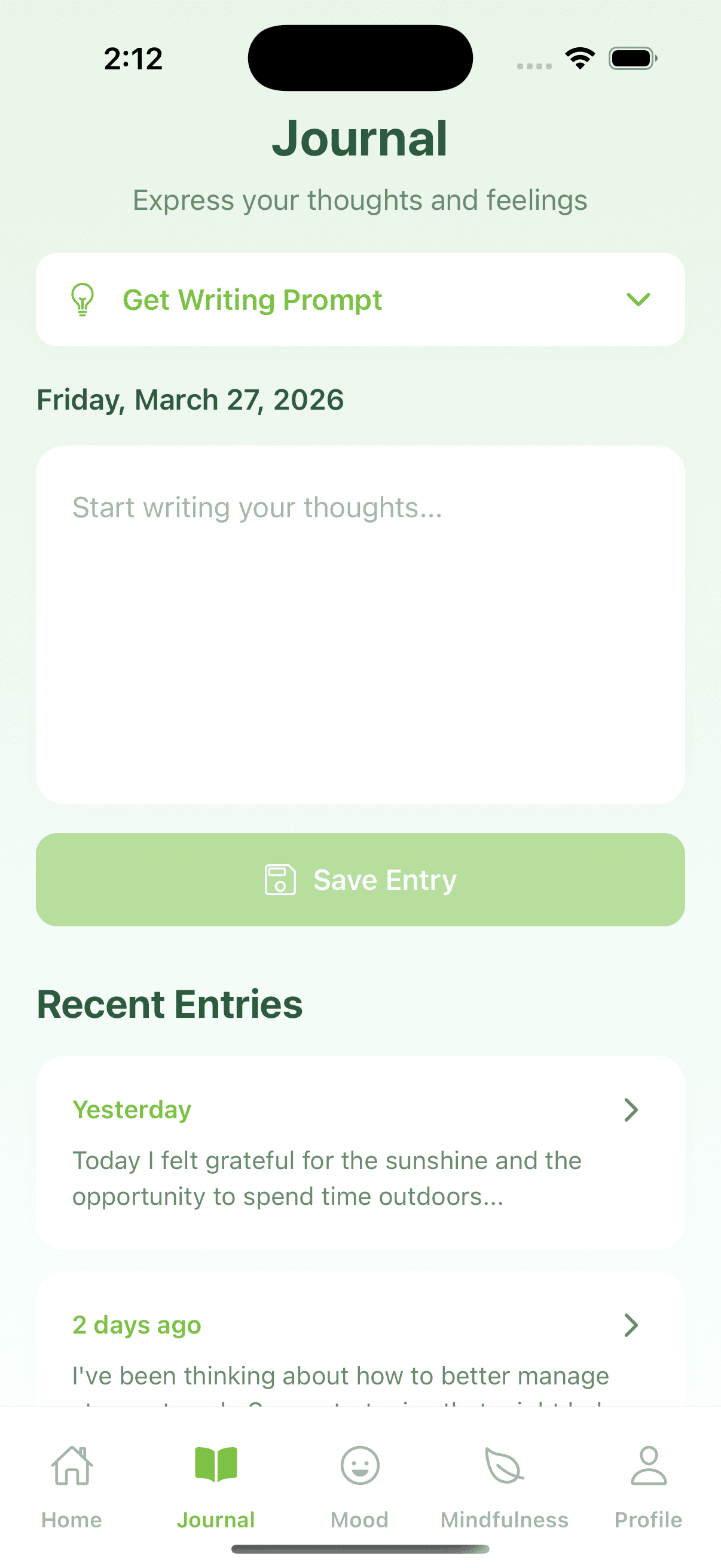 Journal screen with AI writing prompts and recent entries
