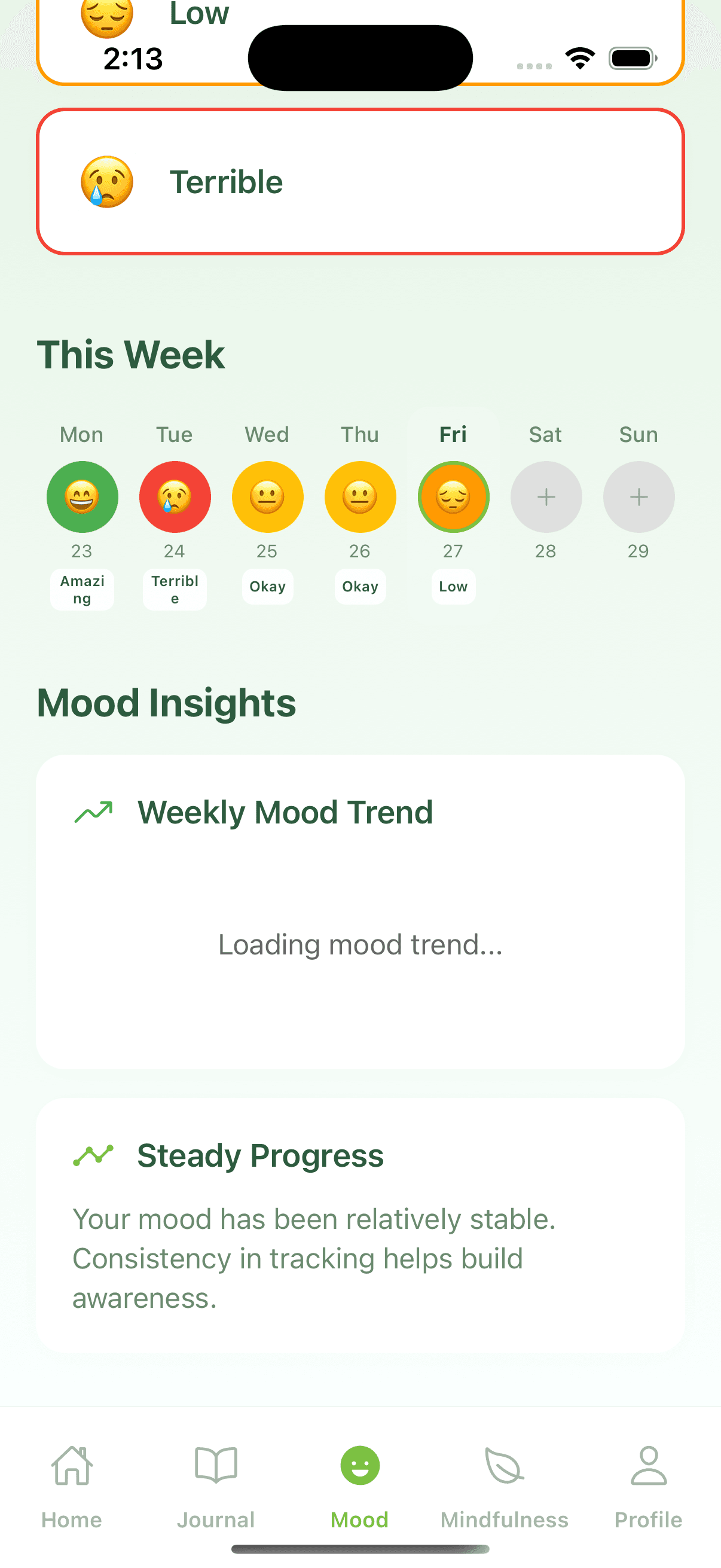 Weekly mood trend with color-coded emoji history and mood insights