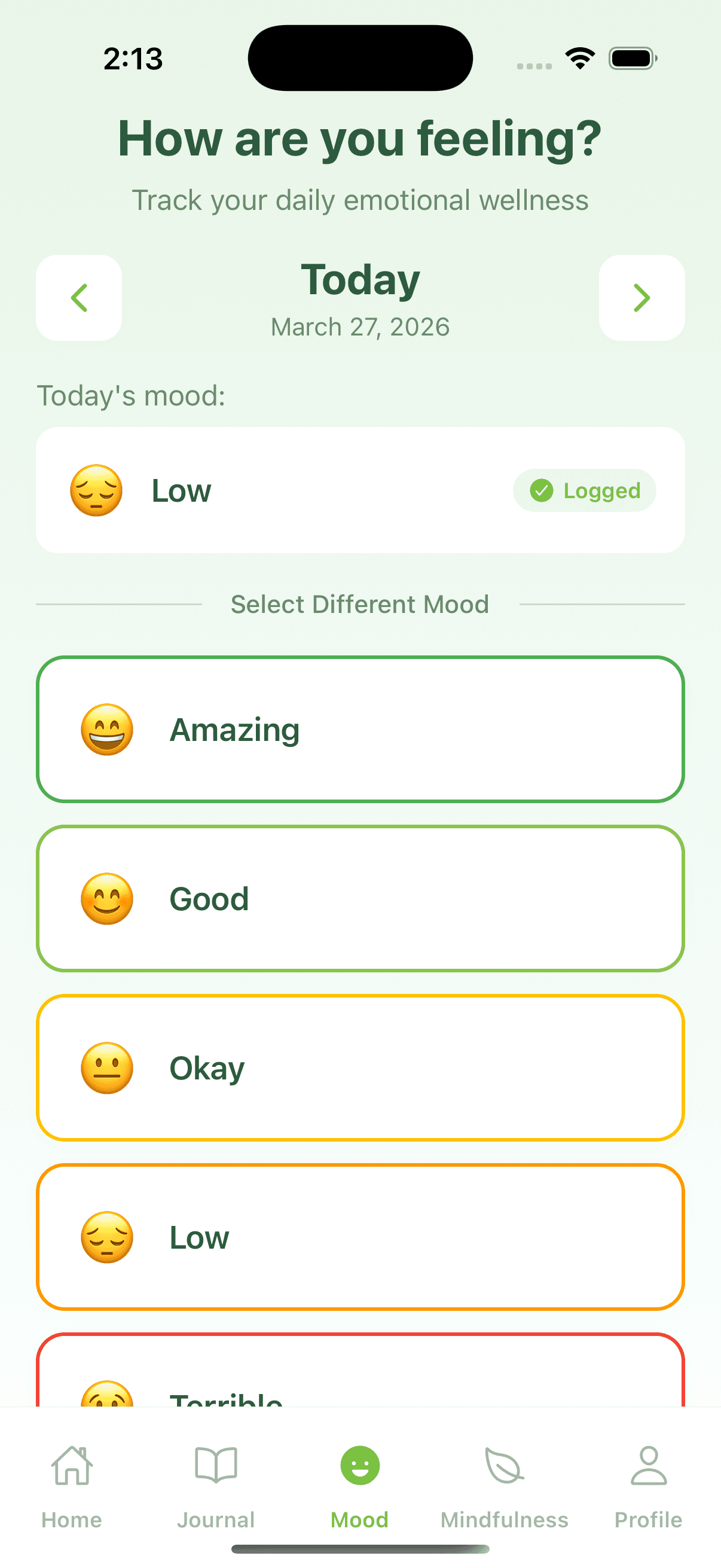 Mood tracking screen with emoji scale from Amazing to Terrible